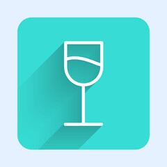 White line Wine glass icon isolated with long shadow. Wineglass sign. Green square button. Vector Illustration