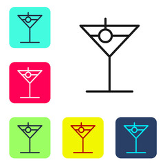 Black line Martini glass icon isolated on white background. Cocktail icon. Wine glass icon. Set icons in color square buttons. Vector Illustration
