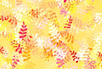 Light Red, Yellow vector doodle background with leaves.