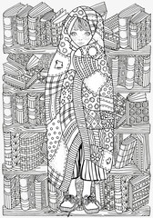 The cute little girl wrapped in a blanket. Artistically books, bookshelf. Сoloring book page. Ethnic patterns. Black and white vector illustration.