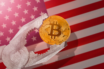 Bitcoin regulation in USA; bitcoin btc coin being squeezed in vice on United States flag background; limitation, prohibition, illegally, banned
