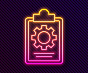 Glowing neon line Checklist clipboard with 24 hours service icon isolated on black background.  Vector Illustration