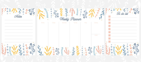 Vector weekly planner, botanical style. Floral Weekly Planner template. To do list, Notes pages. Minimalist style, gentle colors. Organizer for week plans. Schedules. Hand drawn vector illustration