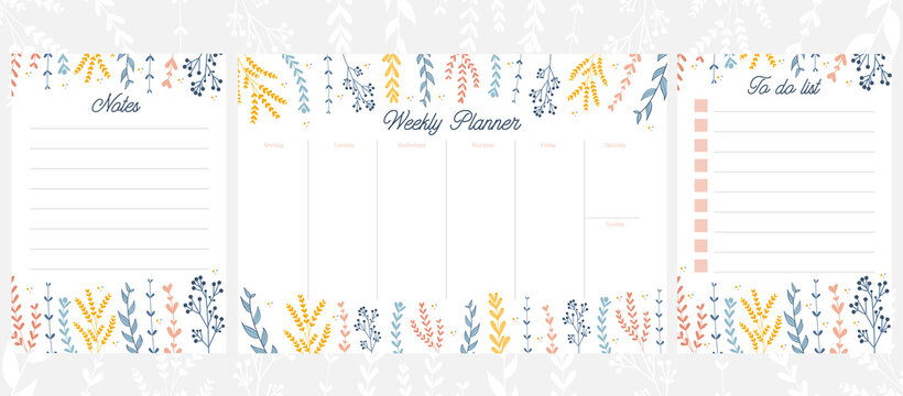 Vector weekly planner, botanical style. Floral Weekly Planner template. To do list, Notes pages. Minimalist style, gentle colors. Organizer for week plans. Schedules. Hand drawn vector illustration