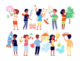 Kids painting on wall. Preschool children drawing crayon. Funny kindergarten flat child, creative boy girl play together vector illustration. Boy and girl drawing, child art paint, painter painting