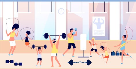 People in gym. Family training, sports for adults and children. Exercises with barbell, man boxing with boy. Parents and kids active vector illustration. Gym training exercise, activity and healthy
