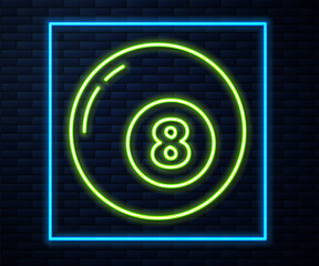 Glowing neon line Billiard pool snooker ball icon isolated on brick wall background.  Vector Illustration