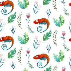 Watercolor tropical pattern with a chameleon.