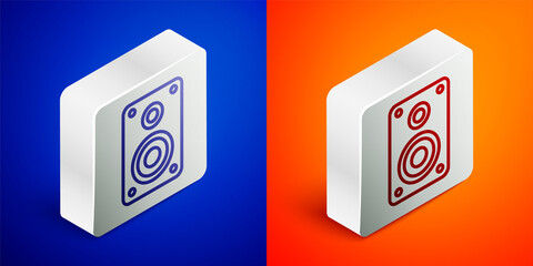 Isometric line Stereo speaker icon isolated on blue and orange background. Sound system speakers. Music icon. Musical column speaker bass equipment. Silver square button. Vector Illustration