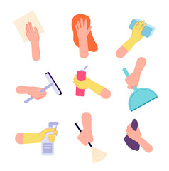 Hand cleaning. Hands watering, holding spray bottle brush sanitary wipes. Isolated housework icons with detergent tools vector illustration. Hand with cleaner tools, spray equipment