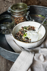 Fresh yogurt with granola and different seeds in white ceramic bowl with spoon, jars with granola and pumpkin seeds and eucalyptus branch in metal tray.