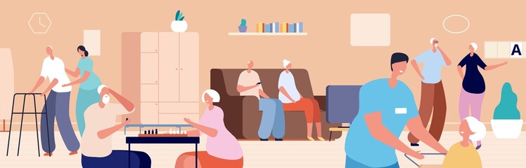 Nursing home. Old woman man living in senior house. Doctor nurse care elderly people. Happy retired, gerontology patient vector illustration. Old senior, nursing and caregiver, retired healthcare