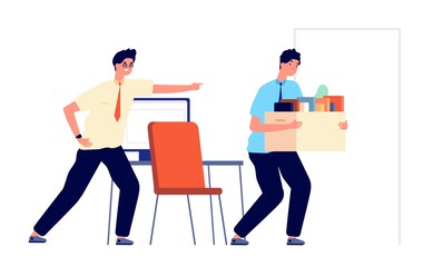 Employee dismissal. Office worker unemployment, man fired job. Angry businessman and unhappy male. Guy layoff from work vector illustration. Job dismissal, unemployment worker, manager office fired