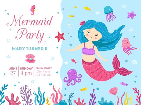 Mermaid party. Cute princess birthday invitation with ocean life. Little girl celebration card, kids baby marine festive vector illustration. Kid birthday party poster, cute cartoon marine character