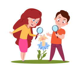 Children look on flowers. Young biologist, biology lessons on nature. Isolated cartoon boy girl with magnifier vector illustration. Girl and boy with magnifying glass look to flower