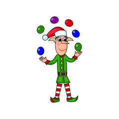 Christmas elf in green and red clothes and striped stockings. Vector illustration on a white isolated background in a flat style.
