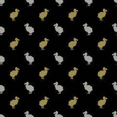 Seamless geometrical pattern with small silhouettes of dodo. (Raphus cucullatus). Extinct flightless bird from  Mauritius island . Animal polka dot. Gold and silver silhouettes on black background. © Olena