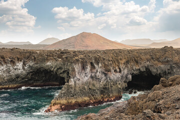 Los Hervideros lava caves in Lanzarote island, popular touristic attraction, Canary islands, Spain