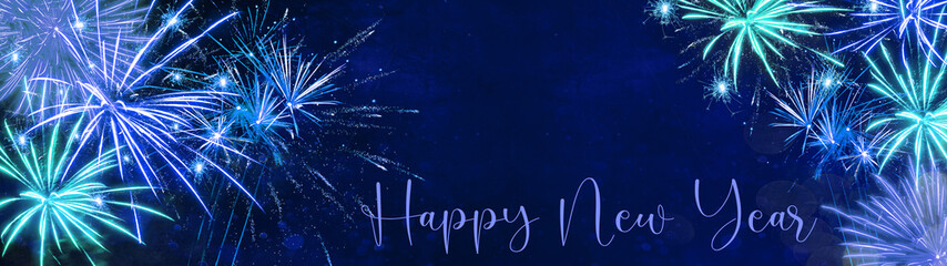 HAPPY NEW YEAR - Silvester background banner panorama long- Blue turquoise firework on dark blue night texture, with space for text