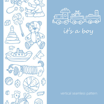 Doodles Toys. It's A Boy - Blue Card With Vertical Seamless Border.
