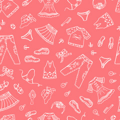 Little Girls Clothes and Accessories - hand drawn doodle seamless pattern
