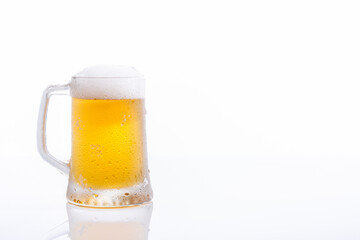 Frozen beer mug on white background with copy space.