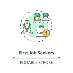 First job seekers concept icon. Unemployment problem for young specialist. Graduate search for work idea thin line illustration. Vector isolated outline RGB color drawing. Editable stroke