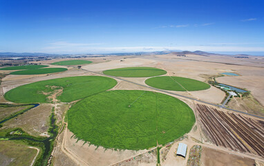 Cape Town, Western Cape / South Africa - 02/05/2020: Aerial photo of crop fields and circles