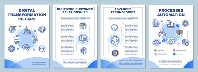 Digital transformation pillars brochure template. Improve company. Flyer, booklet, leaflet print, cover design with linear icons. Vector layouts for magazines, annual reports, advertising posters