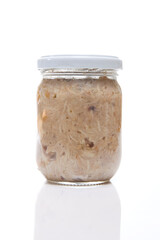 Nutrition concept - Healthy meals in glass jars over white background. Healthy take-away lunch jar. 
