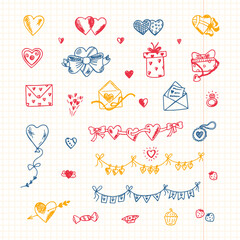 Hearts. Love symbols. Valentine's Day elements. Hand drawn doodles Vector illustration. Happy Valentine's day.
