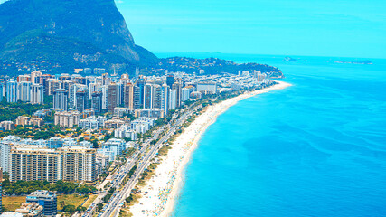 Fototapeta premium Rio's Best Beaches with turquoise water: famous Copacabana Beach, Ipanema Beach, Barra da Tijuca Beach in Rio de Janeiro, Brazil. Aerial view of Rio de Janeiro from helicopter. Top view, horizontal