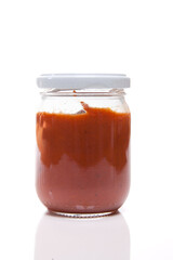 Nutrition concept - Healthy meals in glass jars over white background. Healthy take-away lunch jar. 