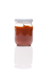 Nutrition concept - Healthy meals in glass jars over white background. Healthy take-away lunch jar. 
