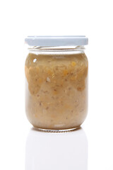 Nutrition concept - Healthy meals in glass jars over white background. Healthy take-away lunch jar. 