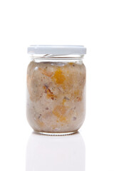 Nutrition concept - Healthy meals in glass jars over white background. Healthy take-away lunch jar. 