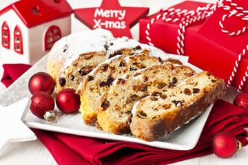 Traditional holiday  stollen for Christmas dinner, selective focus