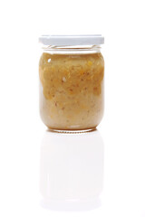 Nutrition concept - Healthy meals in glass jars over white background. Healthy take-away lunch jar. 