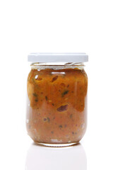 Nutrition concept - Healthy meals in glass jars over white background. Healthy take-away lunch jar. 