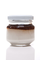 Nutrition concept - Healthy meals in glass jars over white background. Healthy take-away lunch jar. 