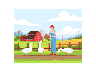 Poultry pasture on farmland semi flat vector illustration. Local production of domestic bird. Woman feeding geese. American farm. Female farmer 2D cartoon characters for commercial use