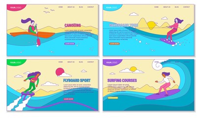Four poster designs showing extreme water sports canoeing, surfing and fly boarding on ocean waves, colored vector illustration
