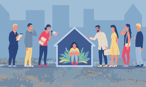 Social Isolation concept with person seeking refuge at home from lines of diverse people trying to their attention with megaphone and mobile devices, colored vector illustration