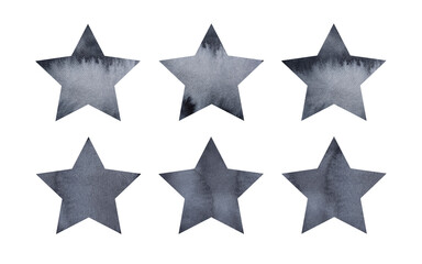 Black watercolor star collection. Hand painted watercolour sketchy illustration, cut out clip art elements for creative design decoration, stickers, banner, poster, card, scrapbooking, t-shirt print.