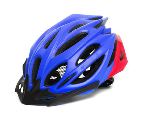 Blue with red bicycle helmet on white background