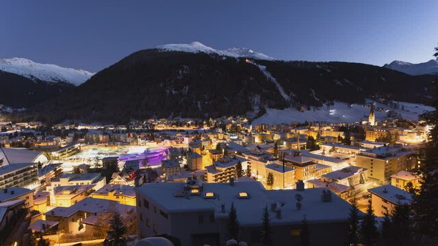 Time lapse. Davos city winter sunset.