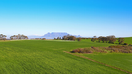Fototapeta premium Cape Town, Western Cape / South Africa - 07/24/2017: Aerial photo of Malmesbury Farming Fields with Table Mountain in the background