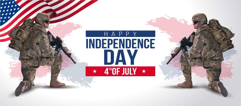 illustration of Fourth of July background for Happy Independence Day of America. two soldier with gun and flag. Vector painting.