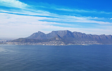 Cape Town, Western Cape / South Africa - 09/04/2017: Aerial photo of Cape Town and 12 Apostle Mountain Range