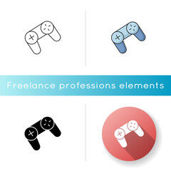 Game pad icon. Console controller for playing. Gadget for video games. Modern portable wireless technology. Cyber sport. Linear black and RGB color styles. Isolated vector illustrations